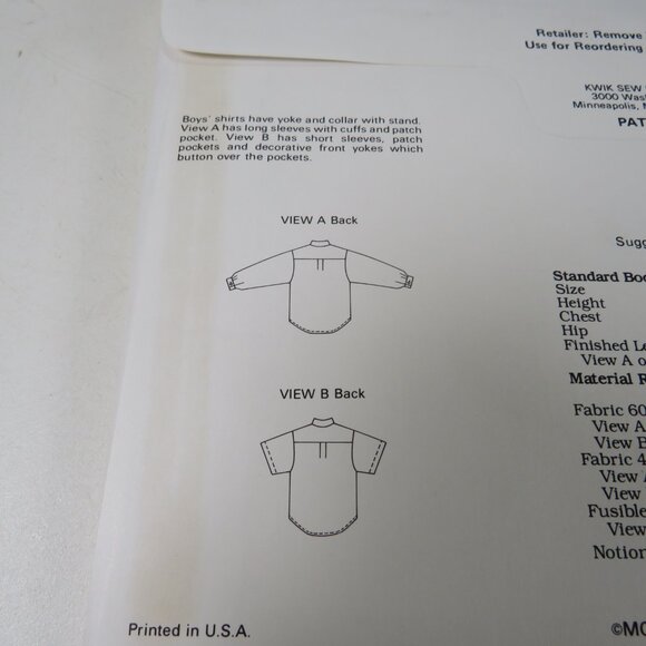 Kwik Sew 1972 clothing pattern Child's Shirt (short & long sleeve) UNCUT - Picture 3 of 4